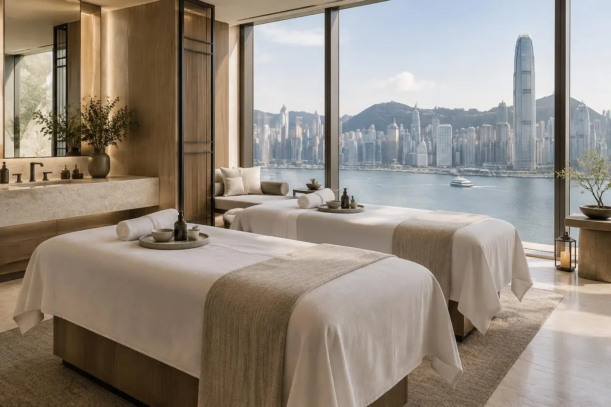 香港酒店 SPA 指南封面:雙人療程房與維港景觀(AI 情境示意,非實際店舖)